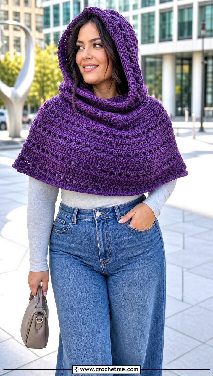 Textured Crochet Hooded Cape Cowl With Wide Leg Jeans - 30 easy crochet hooded cowl outfit ideas