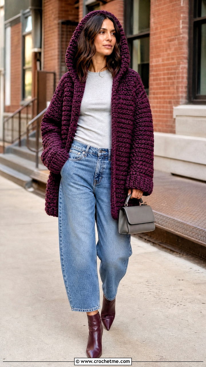 Textured Crochet Hooded Cardigan With Barrel Jeans - 35 crochet hooded cardigan outfit ideas