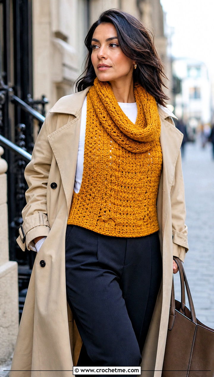 Textured Crochet Katniss Cowl Vest With Trench Coat - 20 Crochet Katniss Shawl outfit ideas
