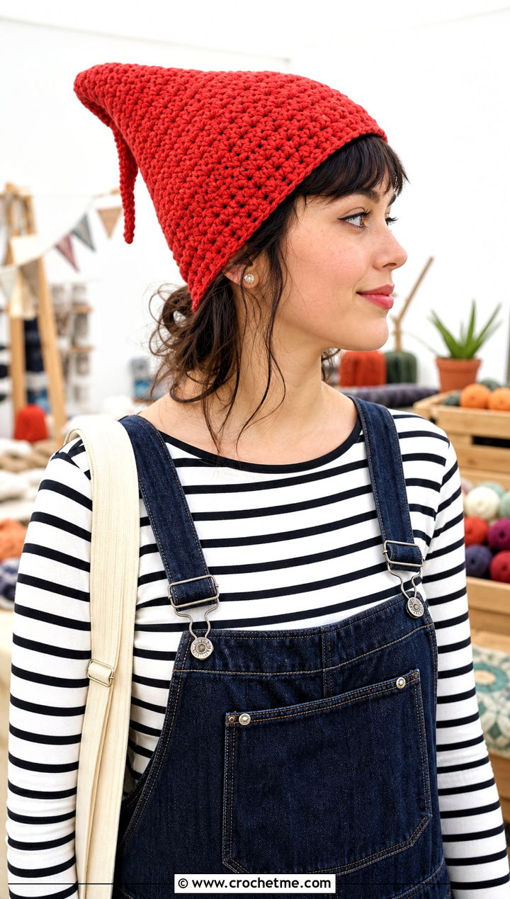 Textured Crochet Link Hat With Denim Overalls - 30 crochet link hat outfit ideas