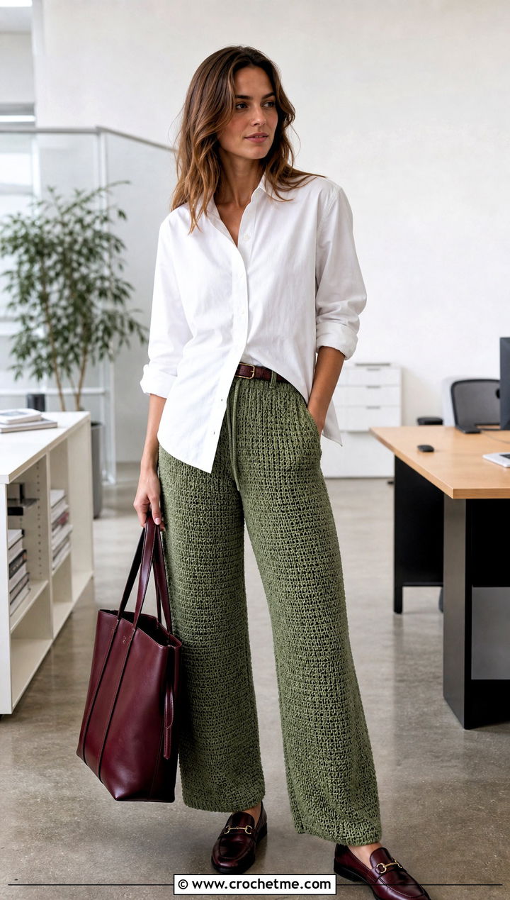 Textured Crochet Lounge Pants With A Crisp Poplin Shirt - 30 crochet lounge pants outfit ideas