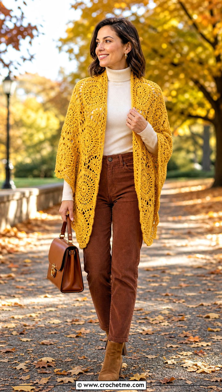 Textured Crochet Mandala Shawl With Corduroy Pants - 25 Crochet Mandala Shawl outfit ideas