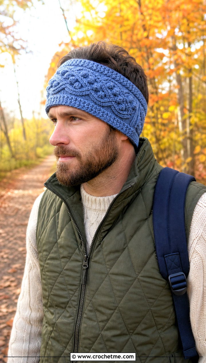 Textured Crochet Mens Ear Warmer With Quilted Vest - 25 Crochet Mens Ear Warmer outfit ideas