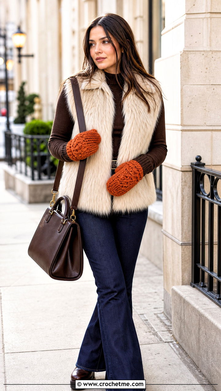 Textured Crochet Mittens With Faux Fur Vest - 30 crochet hand mittens outfit ideas
