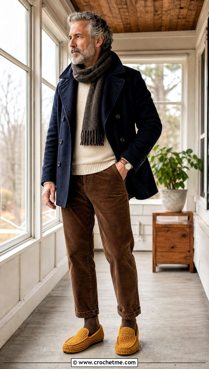 Textured Crochet Moc Toe Slippers With Peacoat and Cords - 35 mens crochet slippers outfit ideas