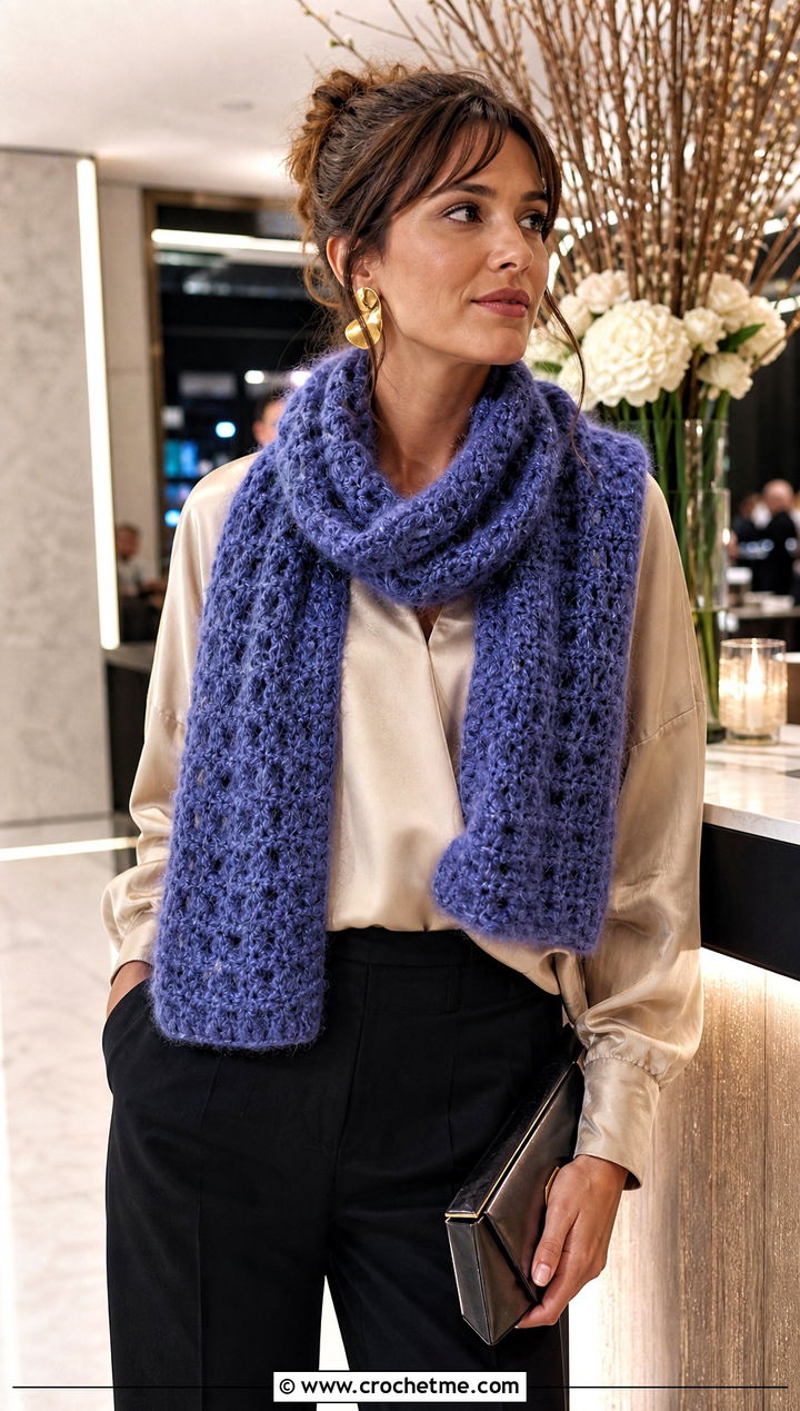 Textured Crochet Mohair Scarf With Satin Blouse - 30 crochet mohair scarf outfit ideas