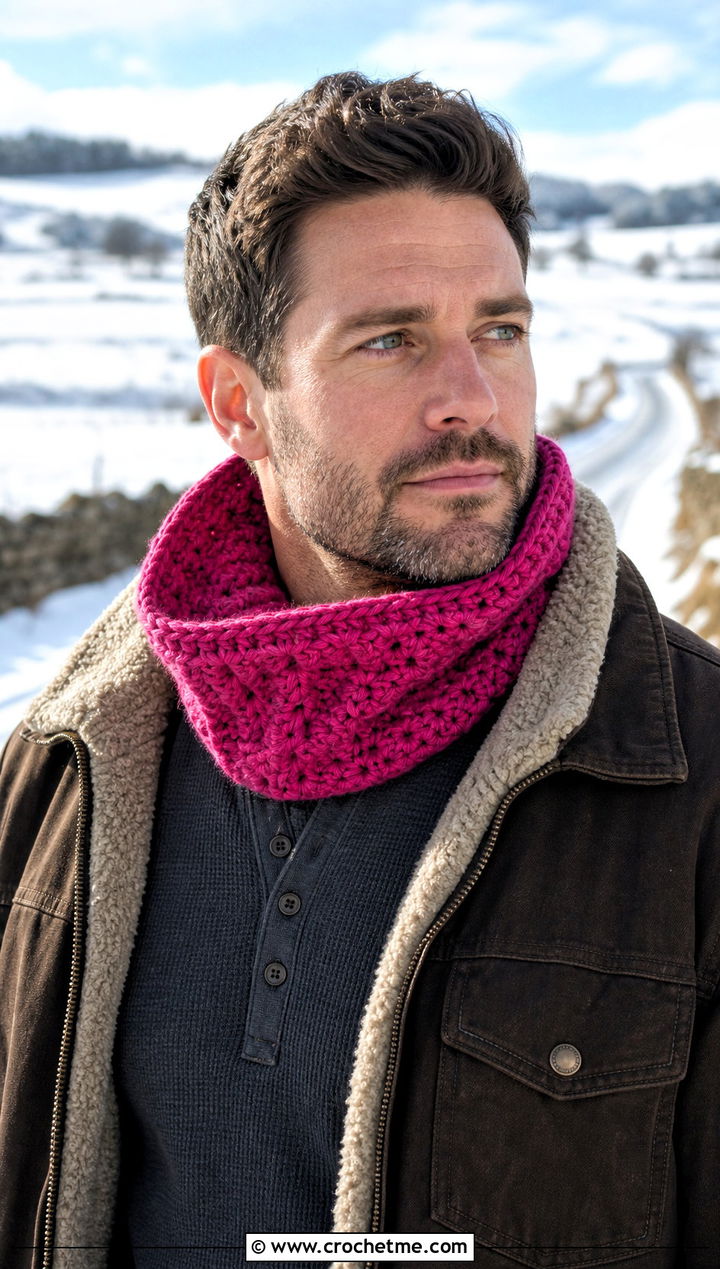 Textured Crochet Neck Warmer With Sherpa Jacket - 30 crochet cowl for men outfit ideas