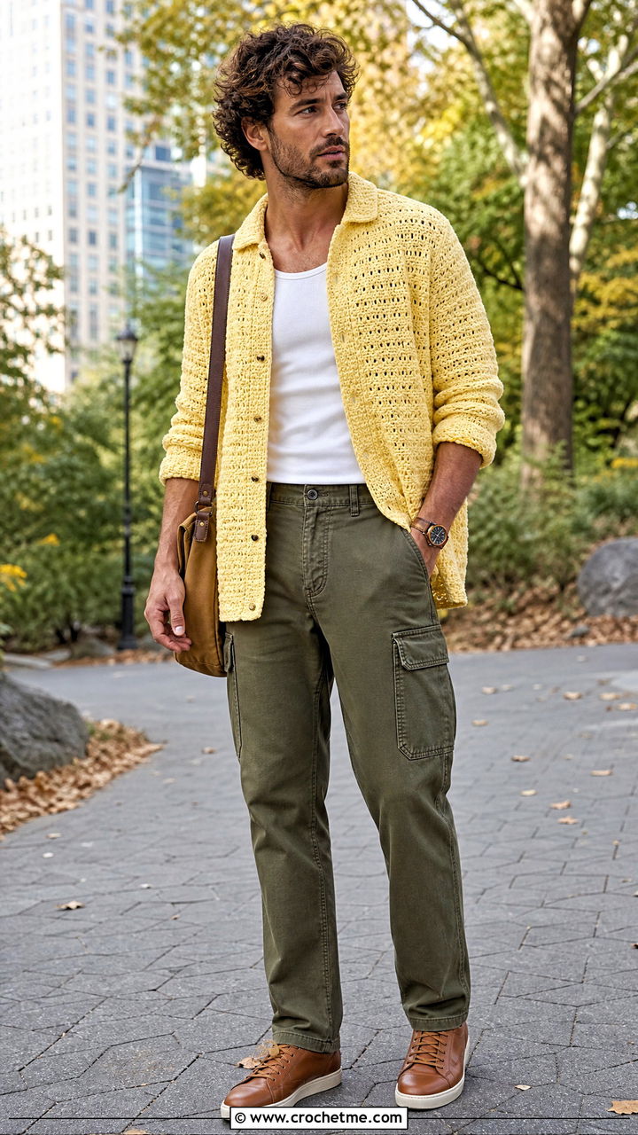 Textured Crochet Overshirt With Tank And Utility Pants - 35 crochet shirt men outfit ideas