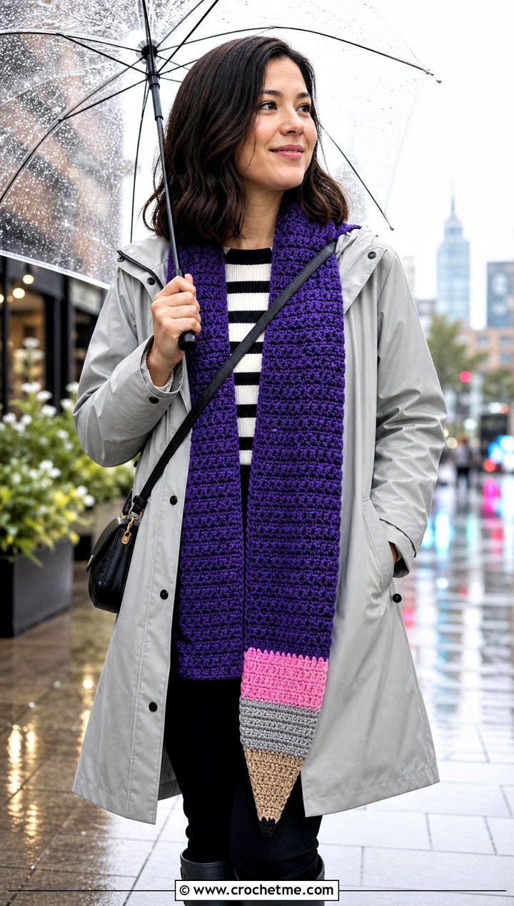 Textured Crochet Pencil Scarf With Raincoat - 25 Crochet Pencil Scarf outfit ideas