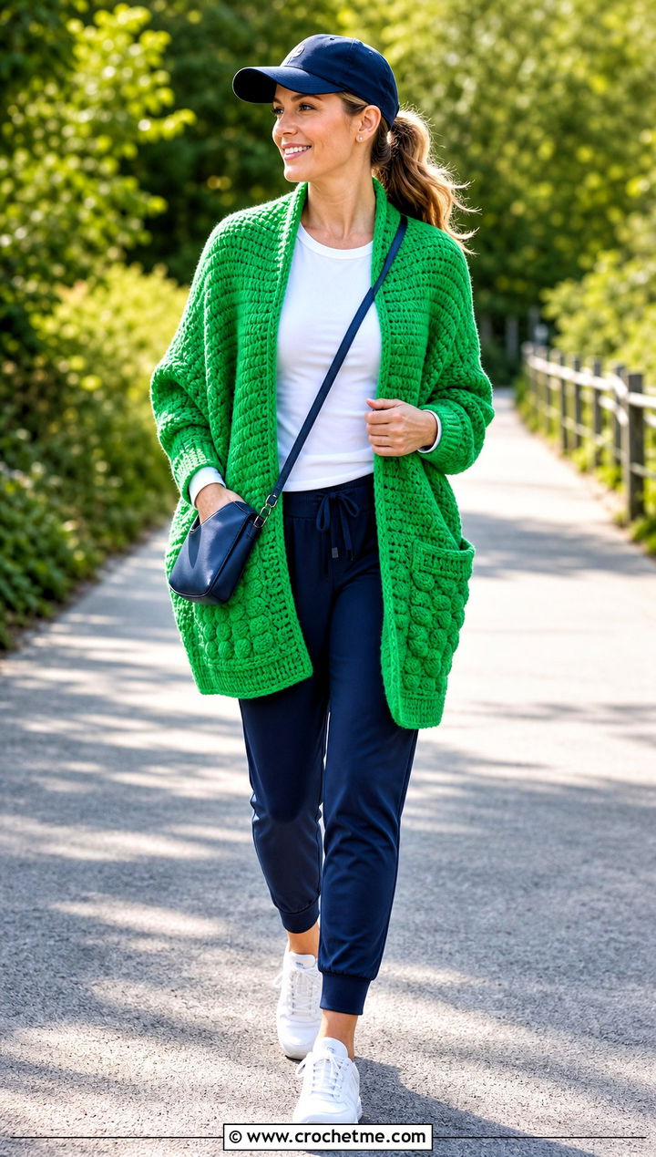 Textured Crochet Pocket Shawl With Joggers - 25 Easy Crochet Shawl With Pockets outfit ideas