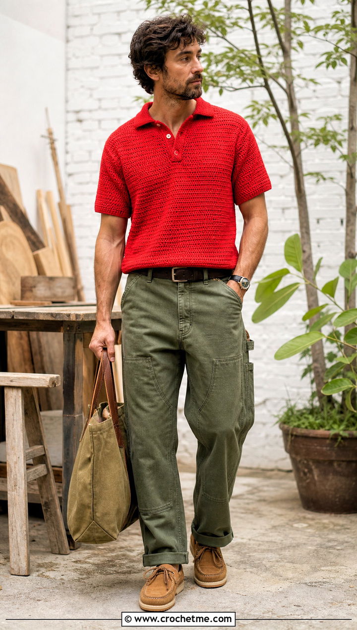 Textured Crochet Polo With Workwear Pants - 15 Mens Crochet Polo Shirt outfit ideas