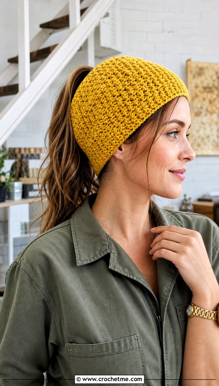 Textured Crochet Ponytail Cap With Utility Jumpsuit - 30 crochet hat with ponytail hole outfit ideas