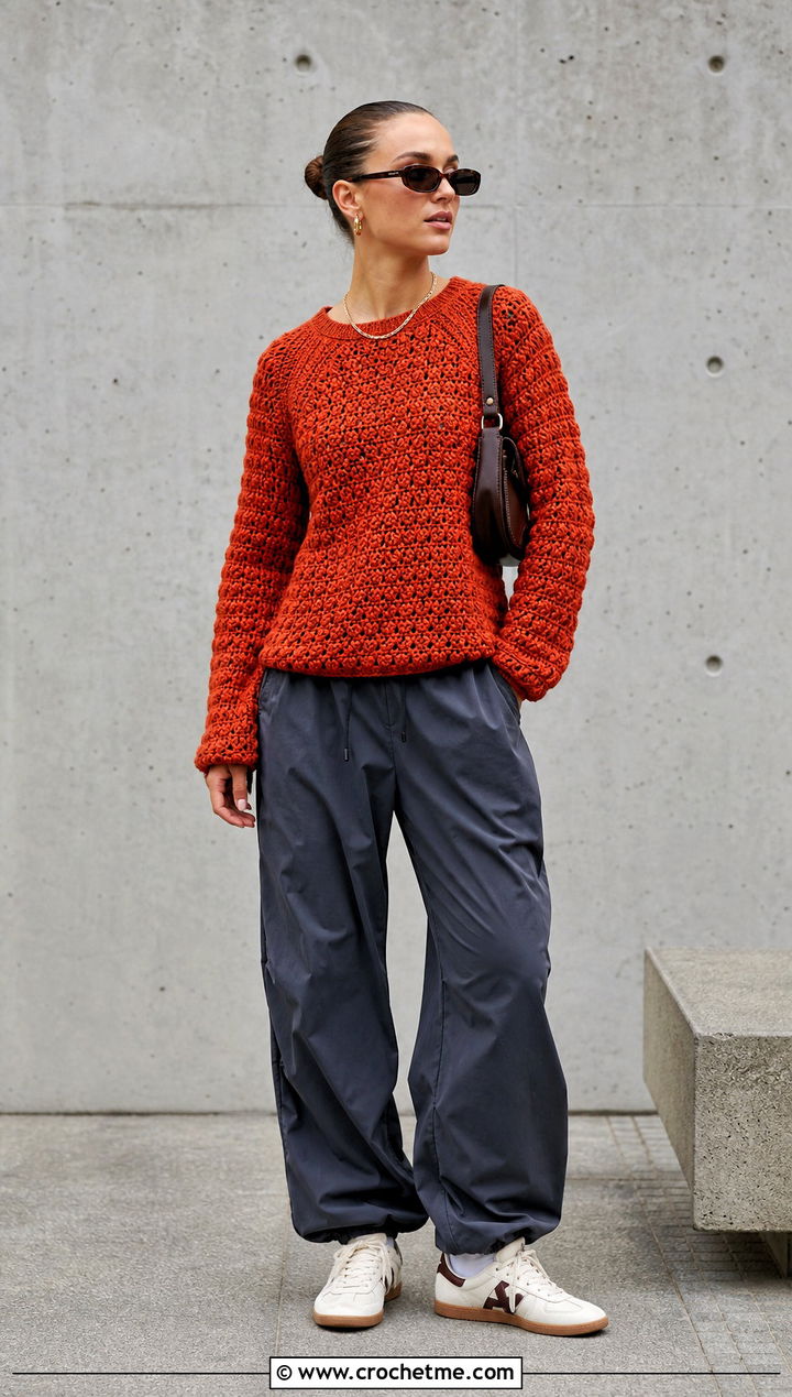 Textured Crochet Raglan Sweater With Parachute Pants - 35 crochet raglan sweater outfit ideas