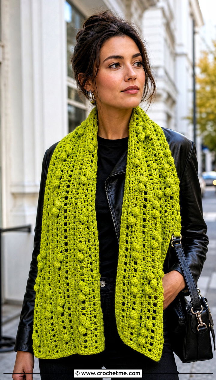 Textured Crochet Rectangular Shawl With Leather Jacket - 30 crochet rectangular shawl outfit ideas
