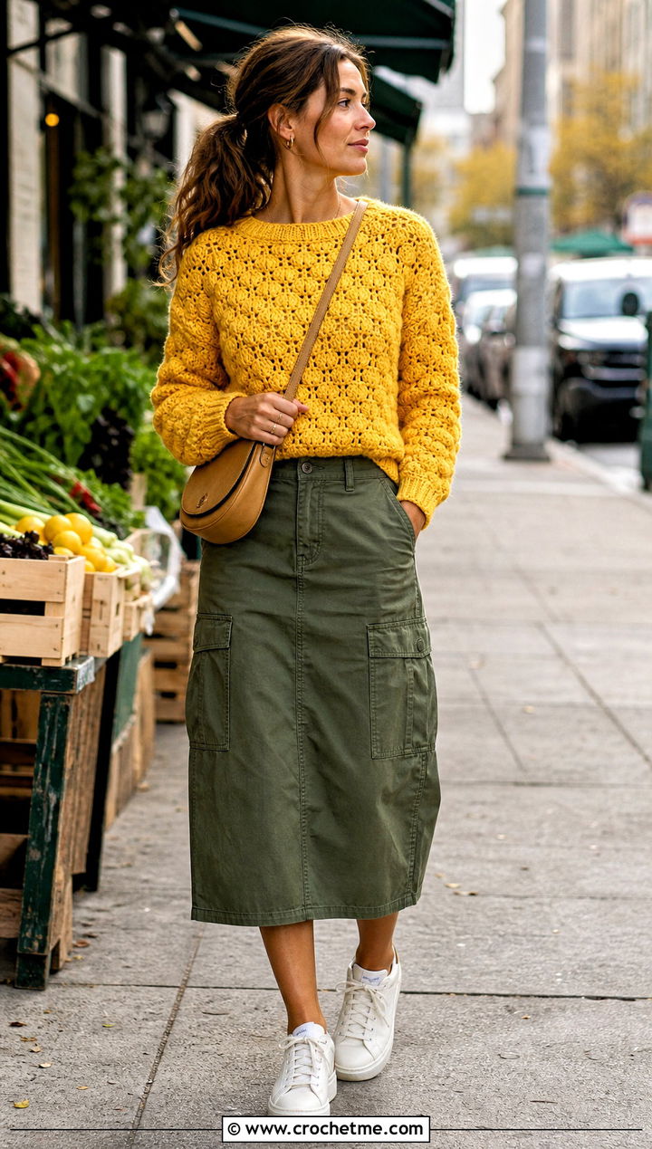 Textured Crochet Rory Gilmore Sweater With Utility Skirt - 25 crochet rory gilmore sweater outfit ideas