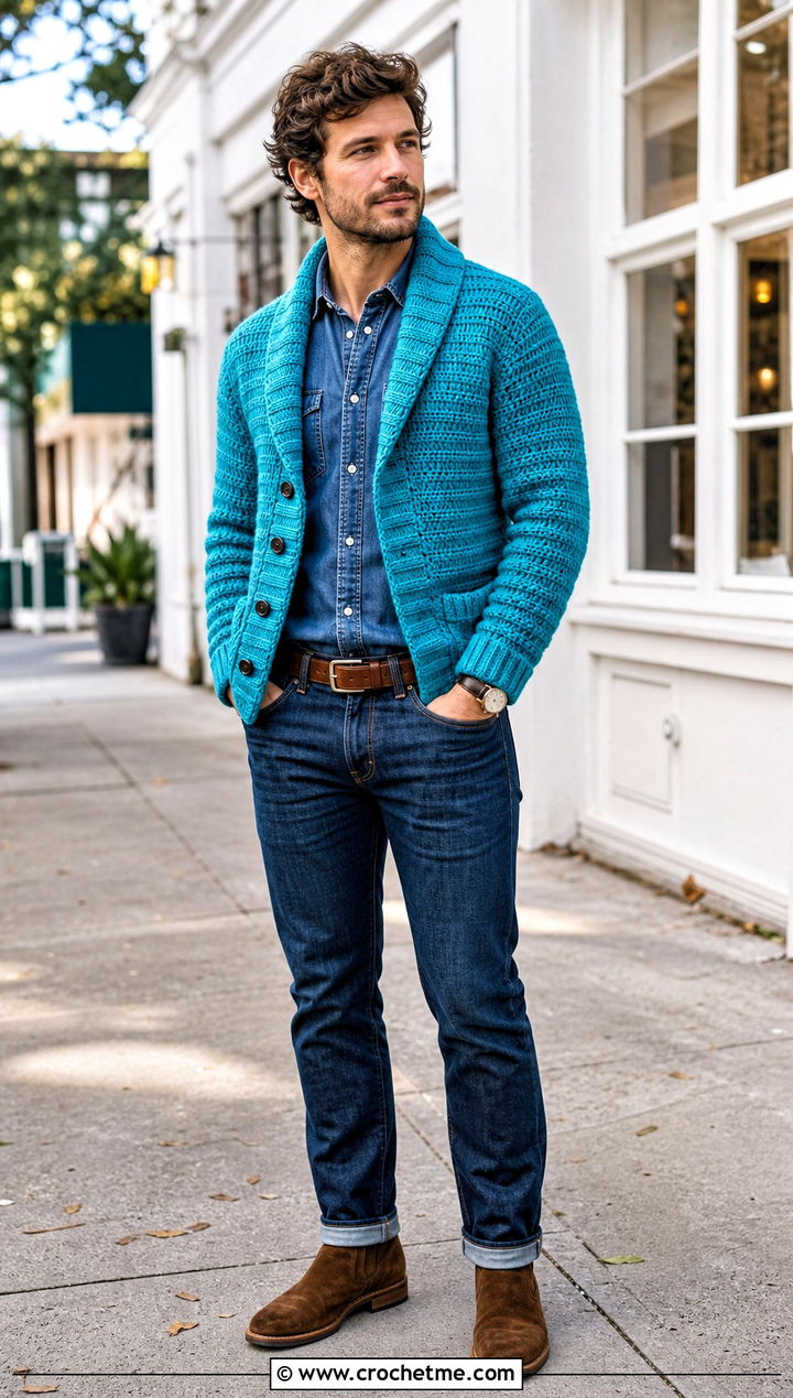 Textured Crochet Shawl Collar Cardigan With Double Denim - 20 Mens Crochet Shawl Collar Cardigan outfit ideas