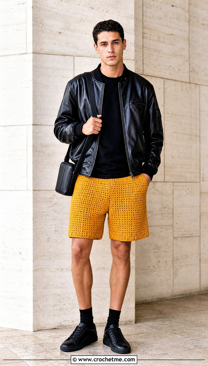Textured Crochet Shorts With Leather Jacket - 15 crochet shorts men outfit ideas