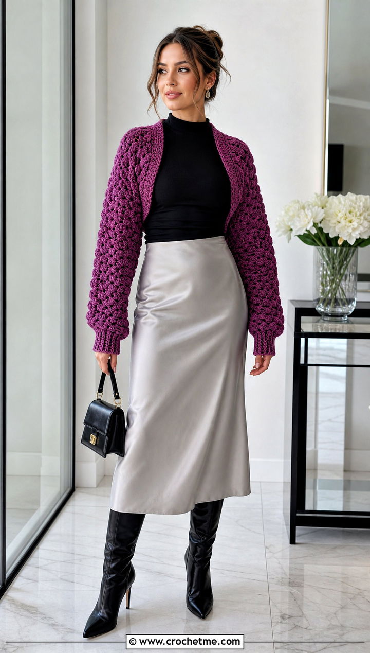 Textured Crochet Sleeve Shrug With Satin Midi Skirt - 30 crochet sweater sleeves outfit ideas
