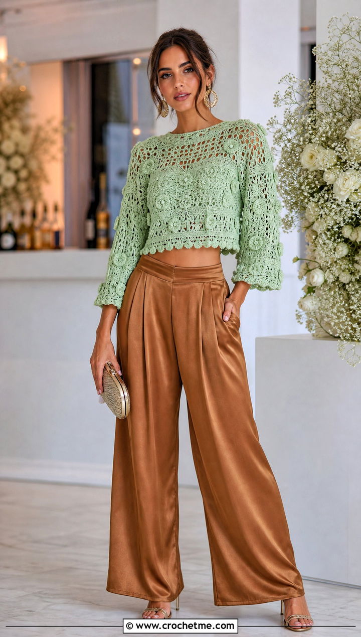 Textured Crochet Summer Pullover With Satin Wide Leg Pants - 25 crochet summer pullover outfit ideas