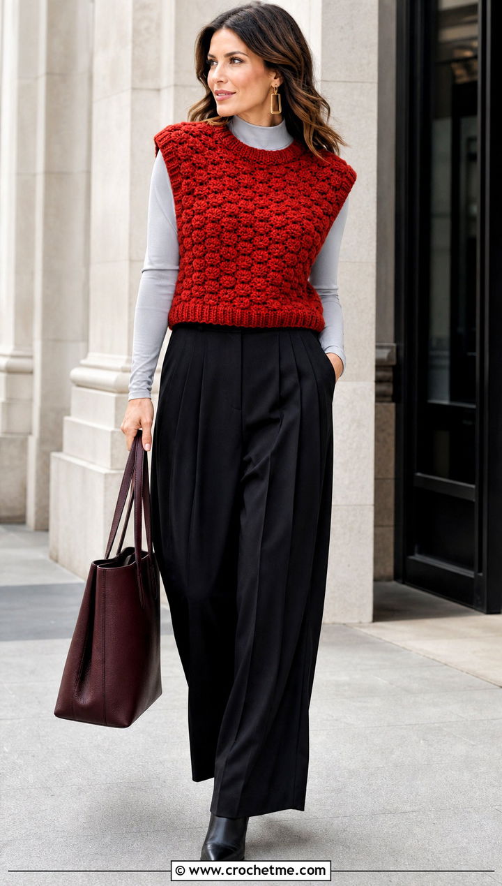 Textured Crochet Sweater Vest With Pleated Pants - 35 crochet vest for women outfit ideas
