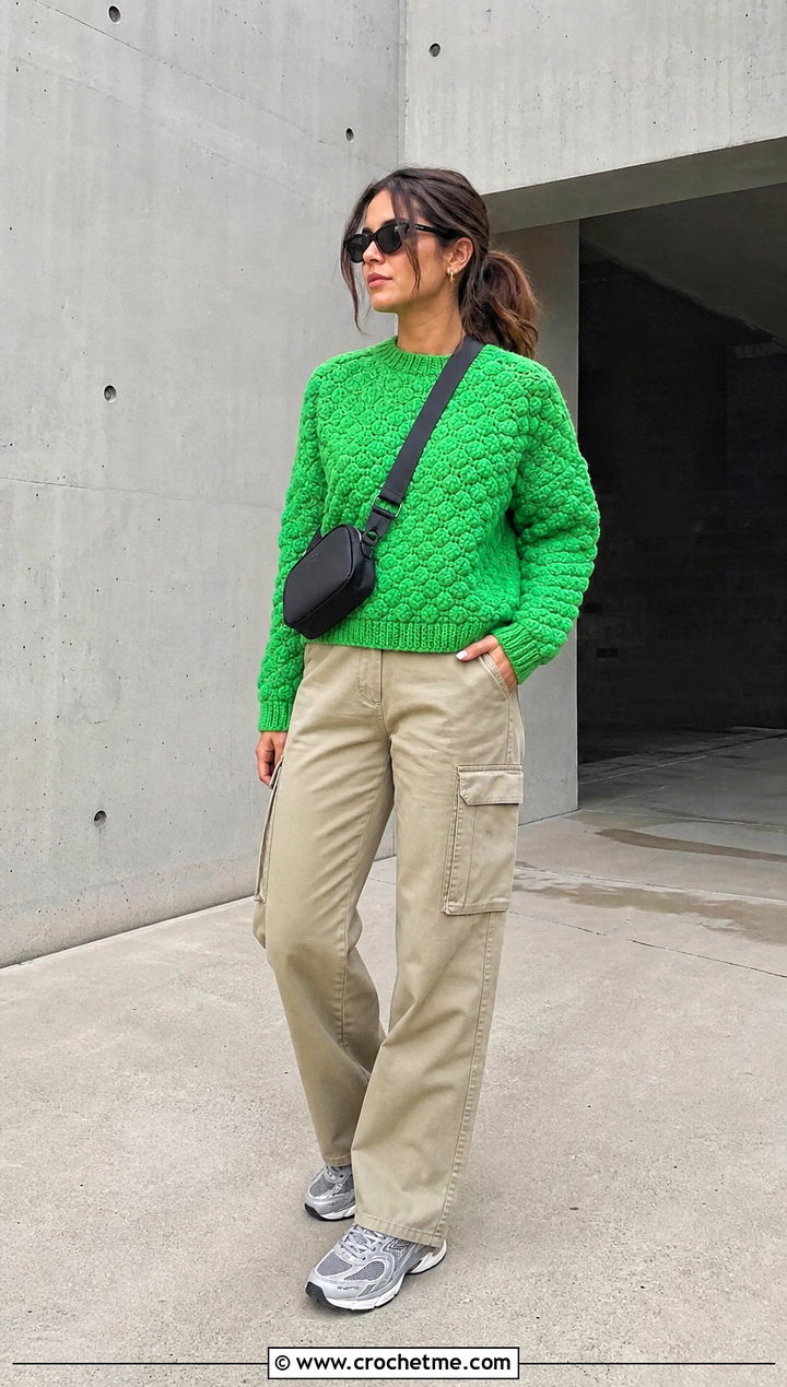 Textured Crochet Sweater With Cargo Pants - 15 crochet sweater collection outfit ideas
