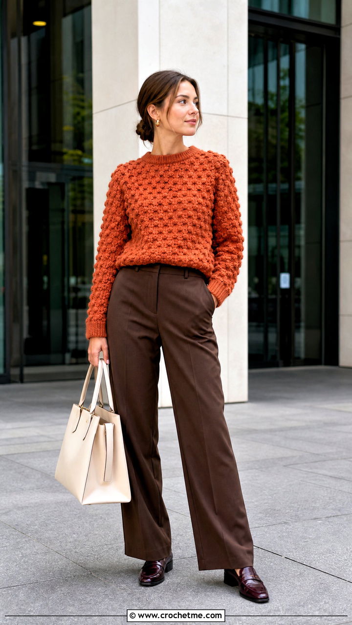 Textured Crochet Sweater With Suit Trousers - 35 easy crochet sweater outfit ideas