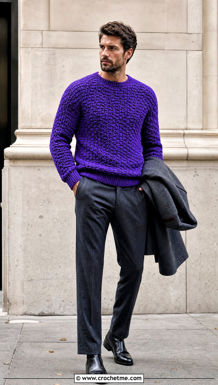 Textured Crochet Sweater With Wool Trousers - 30 Mens Crochet Outfit ideas