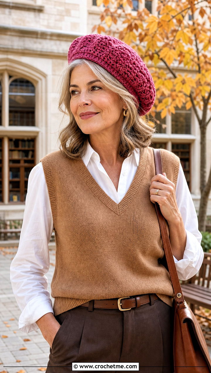 Textured Crochet Tam Hat With Sweater Vest - 25 Crochet Hat For Grandma outfit ideas