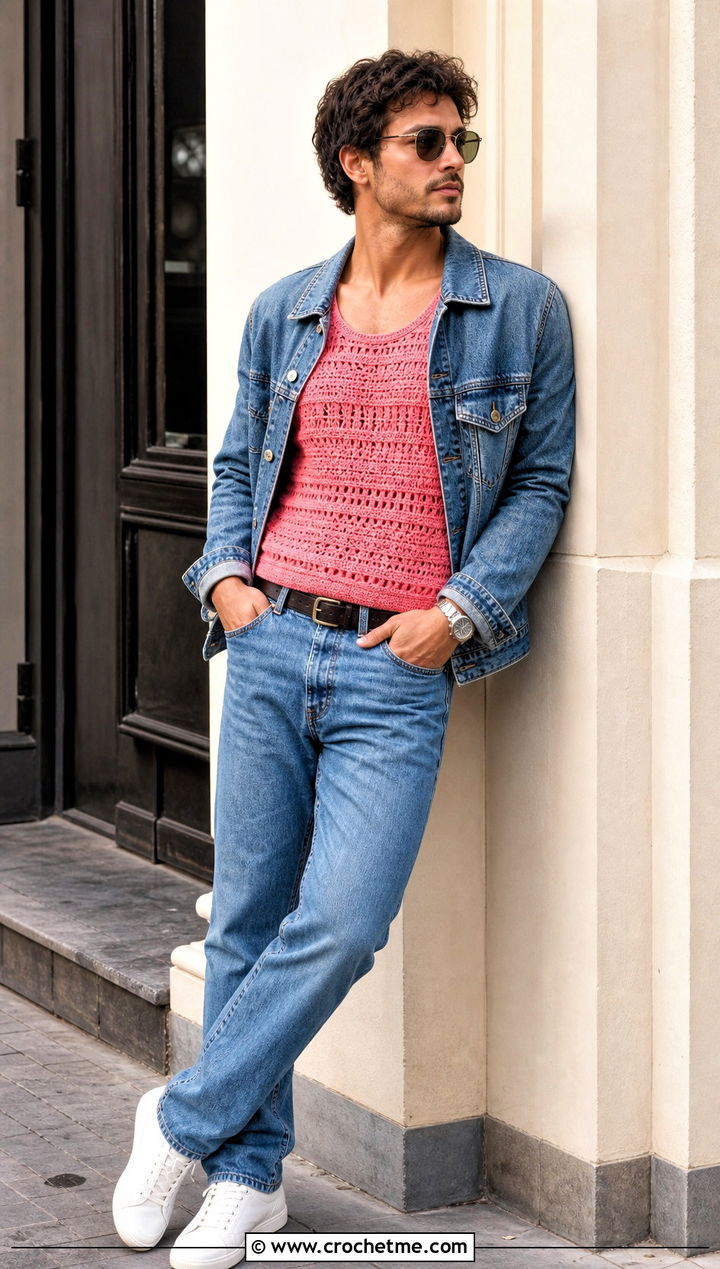 Textured Crochet Tank Top With A Denim Suit - 30 Mens Crochet Tank Top outfit ideas