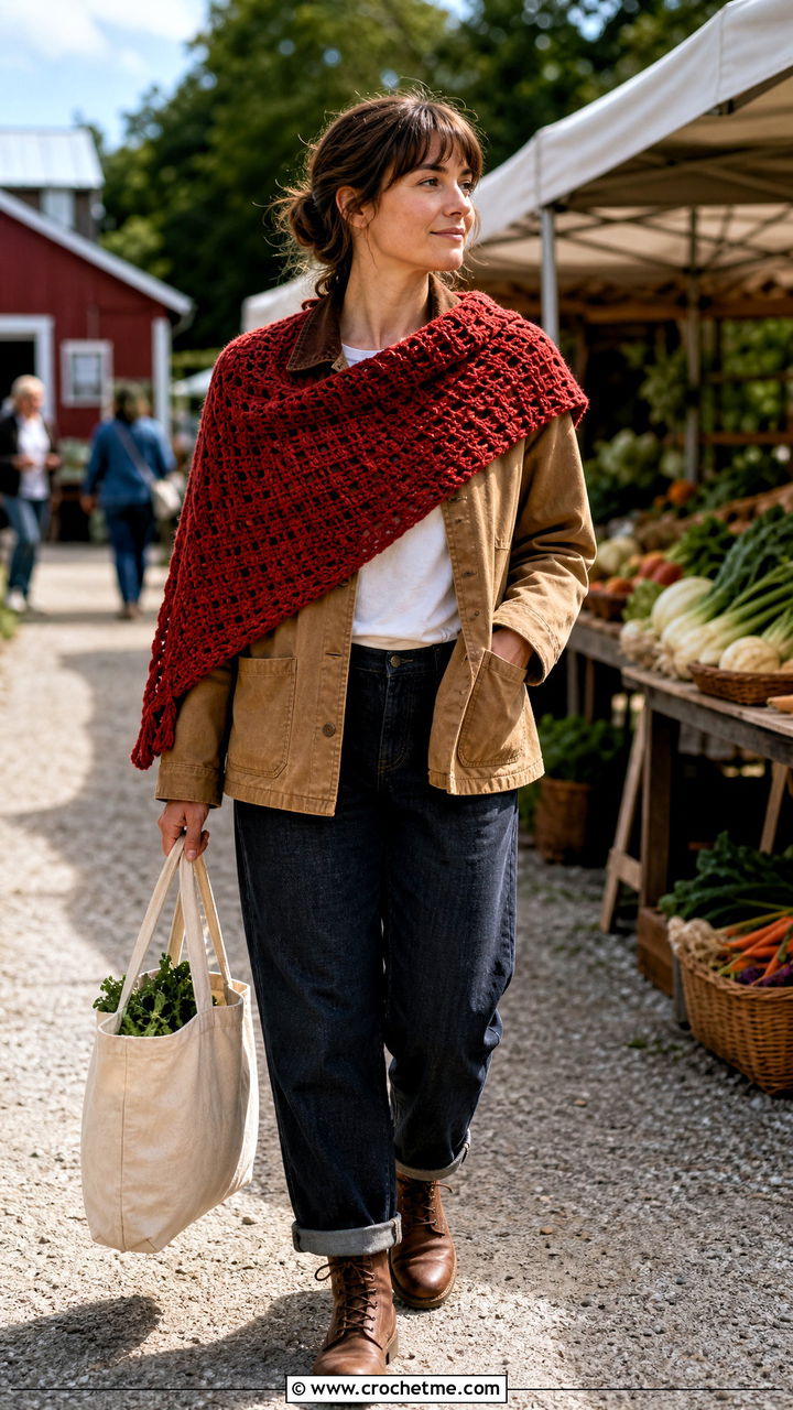 Textured Crochet Triangle Shoulder Scarf With Barn Jacket And Jeans - 35 crochet triangle scarf outfit ideas
