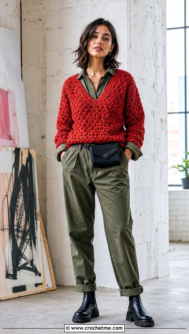 Textured Crochet V Neck Sweater With Utility Jumpsuit - 25 Crochet Vneck Sweater outfit ideas