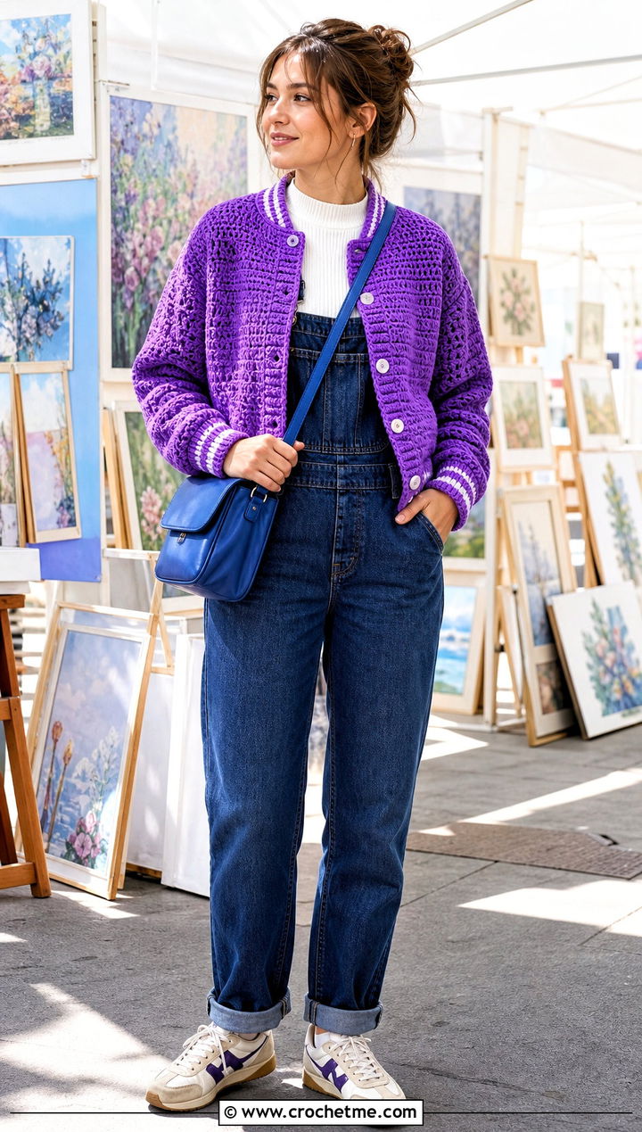 Textured Crochet Varsity Jacket With Denim Overalls - 35 crochet varsity jacket outfit ideas