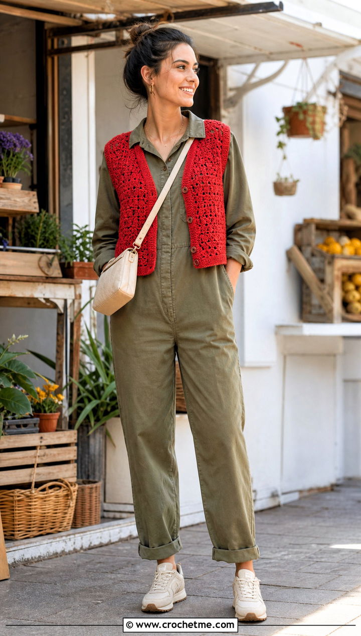 Textured Crochet Vest With Utility Jumpsuit - 25 Easy Crochet Vest For Beginners outfit ideas