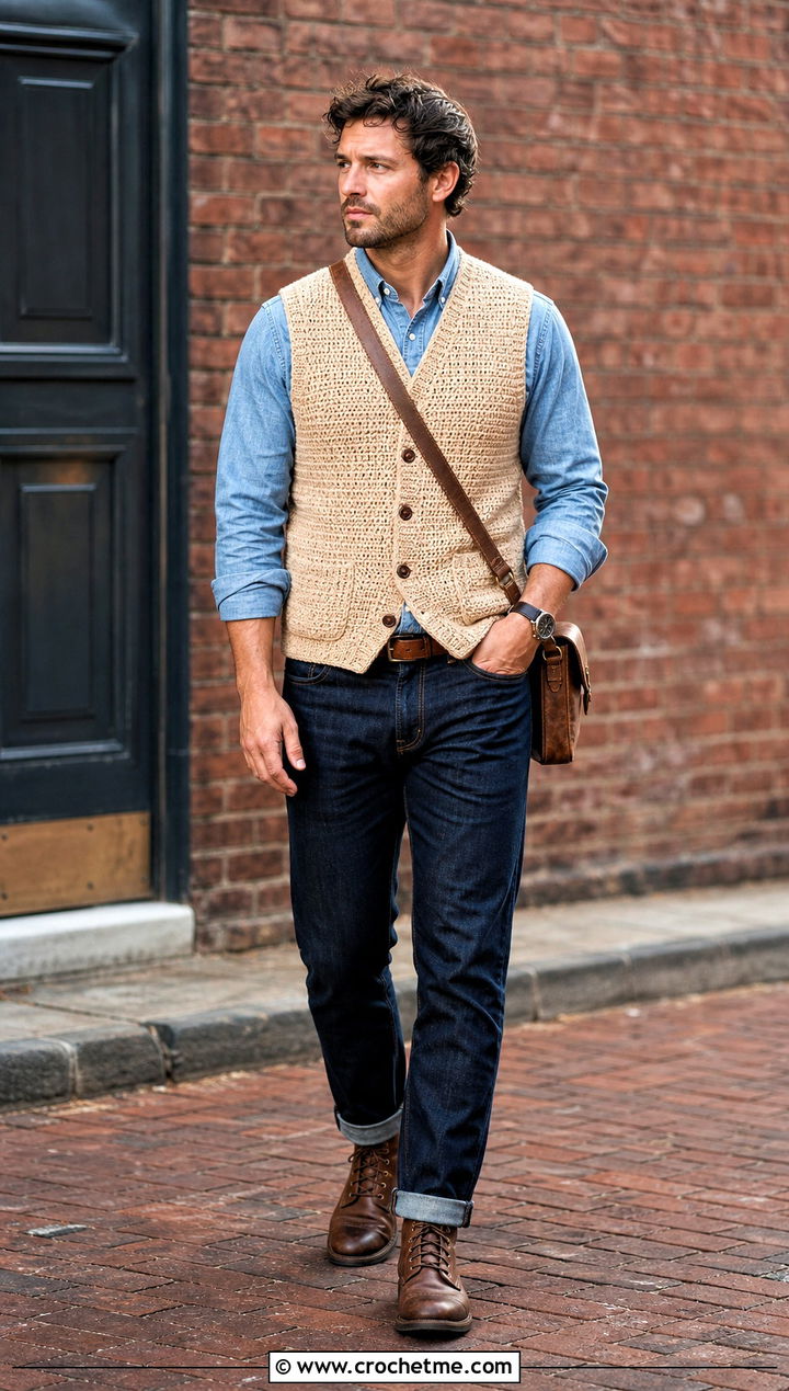 Textured Crochet Waistcoat With Double Denim - 30 men's crochet vest outfit ideas