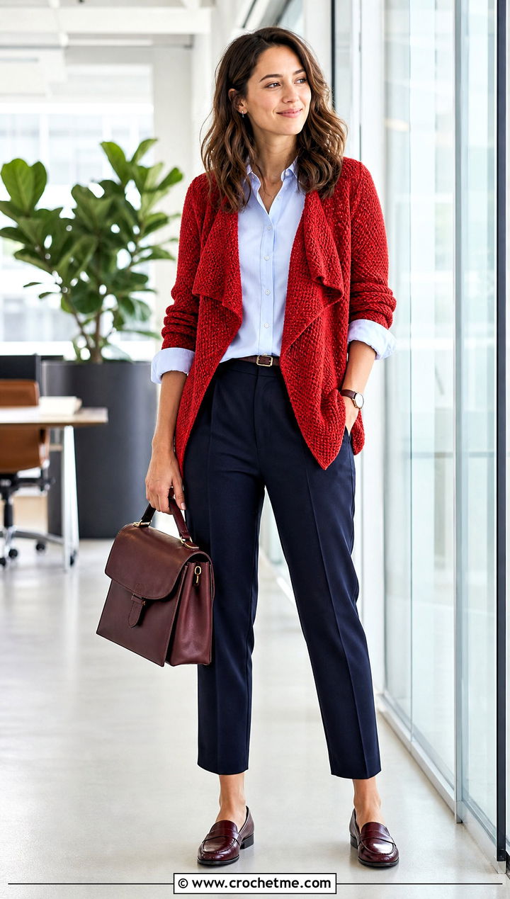 Textured Crochet Waterfall Cardigan With Oxford Shirt - 25 crochet waterfall cardigan outfit ideas