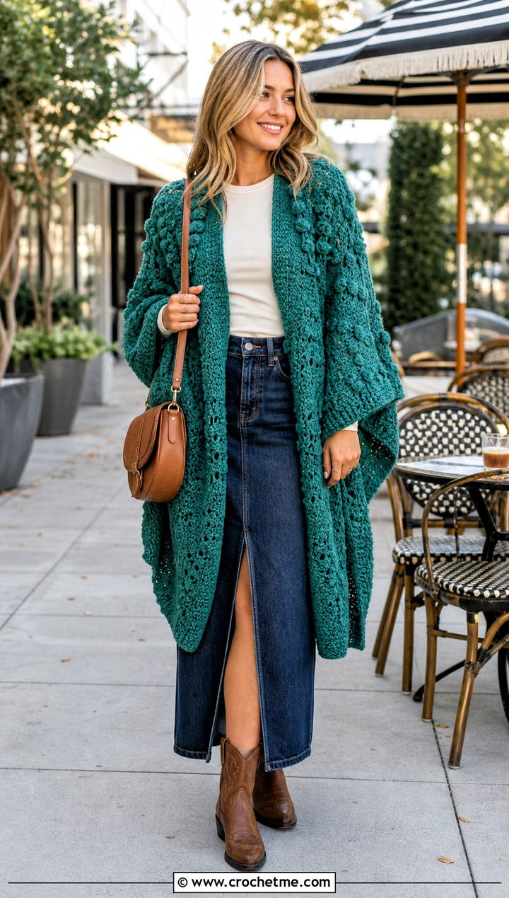 Textured Crocheted Ruana With Denim Maxi Skirt - 20 Crocheted Ruana outfit ideas