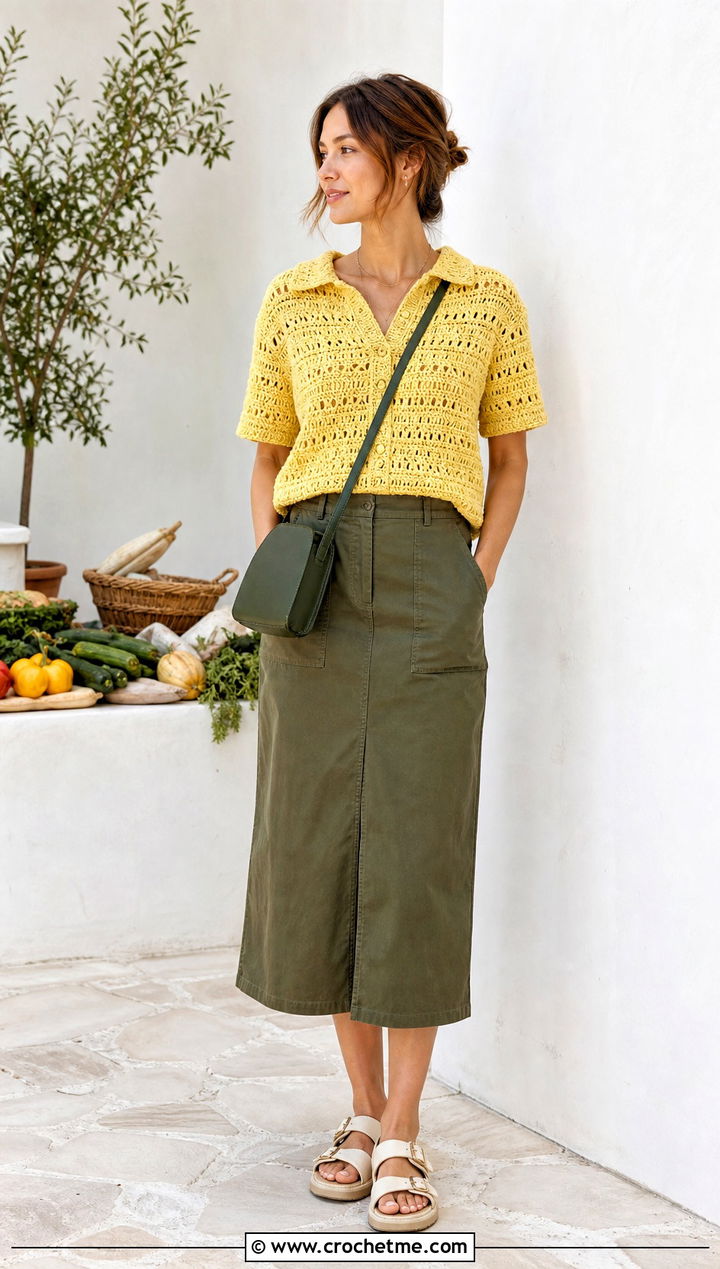 Textured Crocheted Shirt With Utility Skirt - 35 Crocheted Shirt outfit ideas