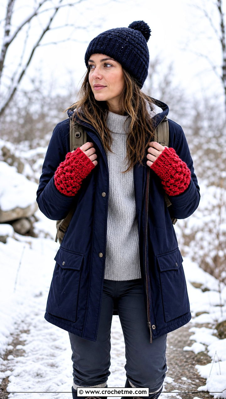 Textured Cuff Chunky Crochet Fingerless Gloves With Parka - 30 chunky yarn crochet fingerless gloves outfit ideas