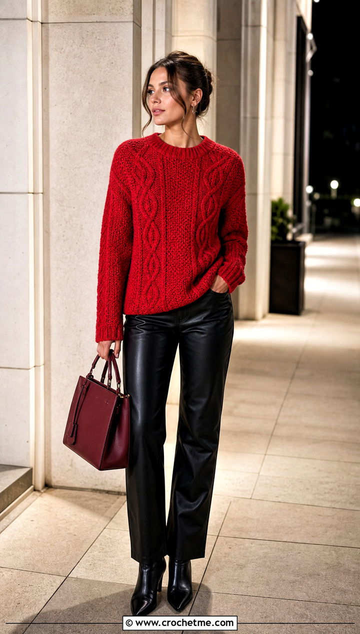 Textured DK Weight Crochet Cable Sweater With Leather Pants - 25 Dk Weight Crochet Sweater outfit ideas