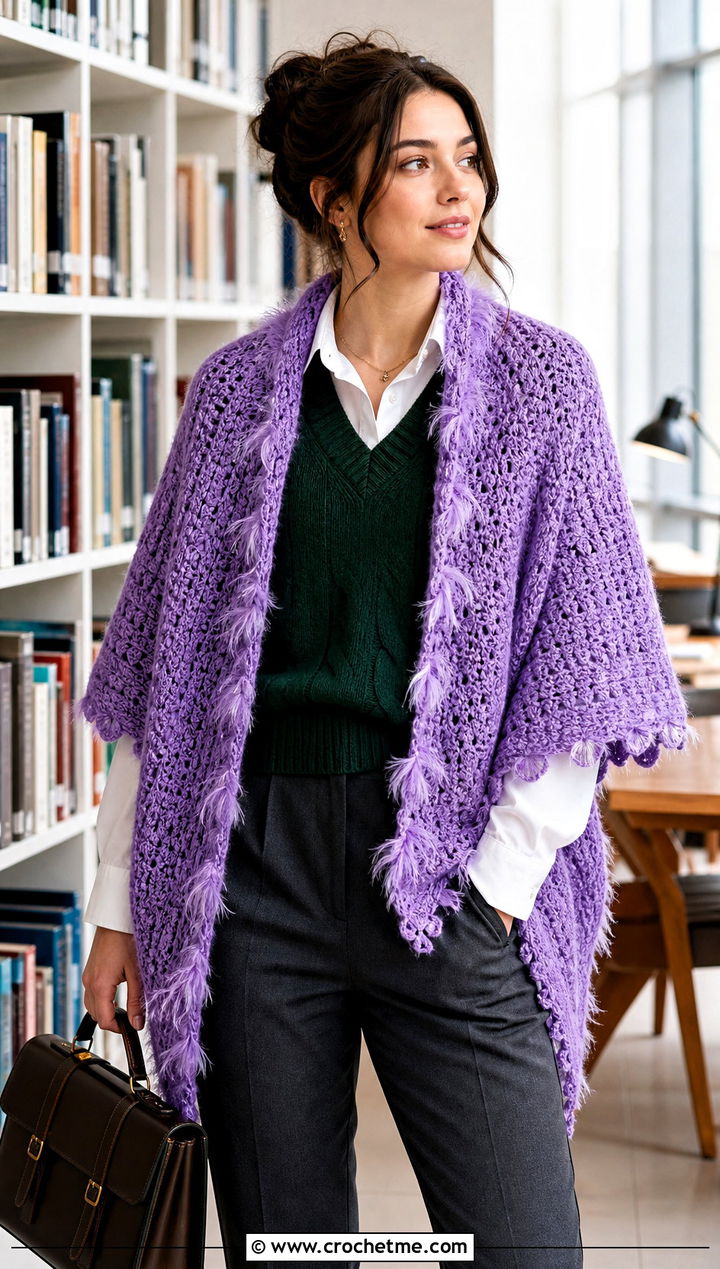Textured Feather Crochet Shawl With Sweater Vest - 30 crochet feather shawl outfit ideas