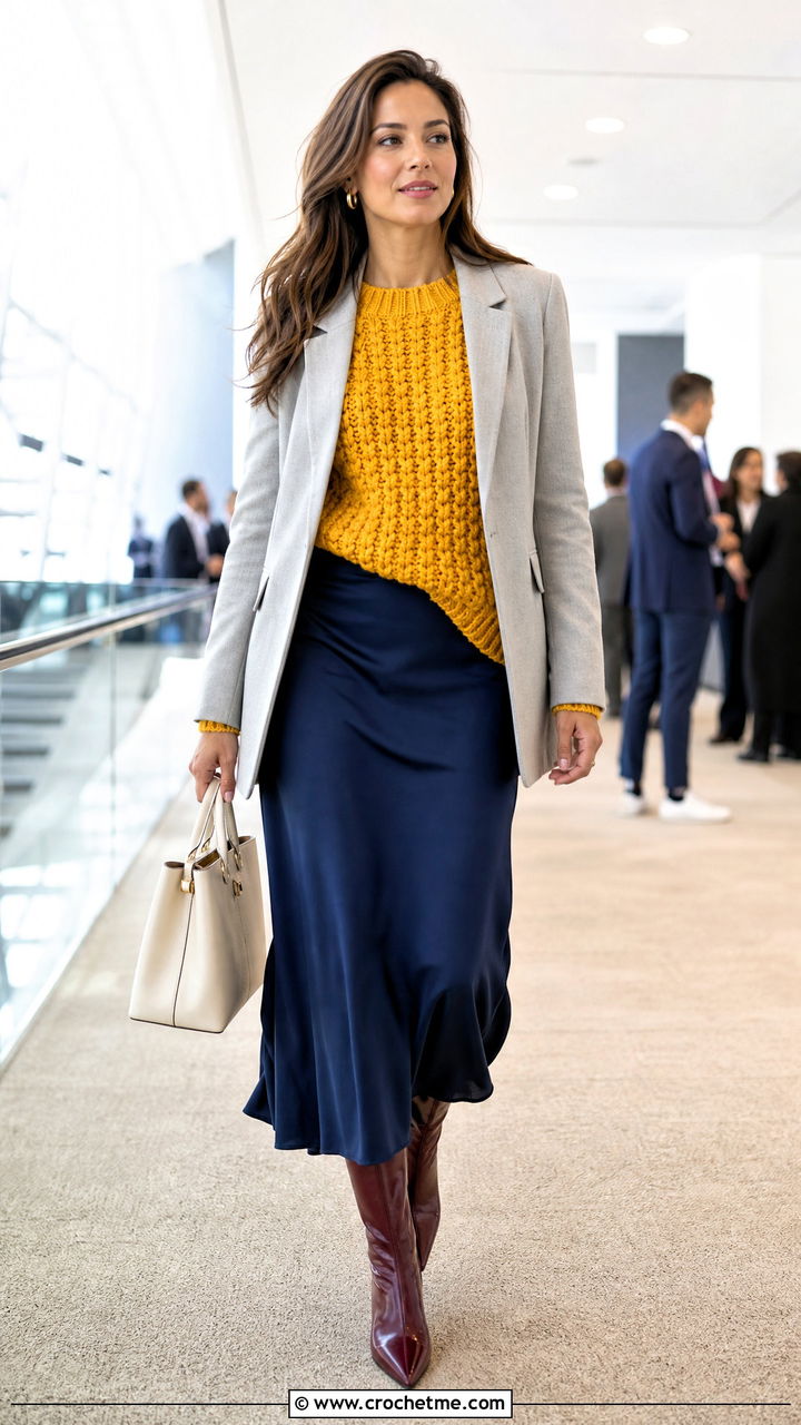 Textured Fisherman Crochet Sweater With Slip Skirt And Blazer - 35 oversized crochet sweater outfit ideas