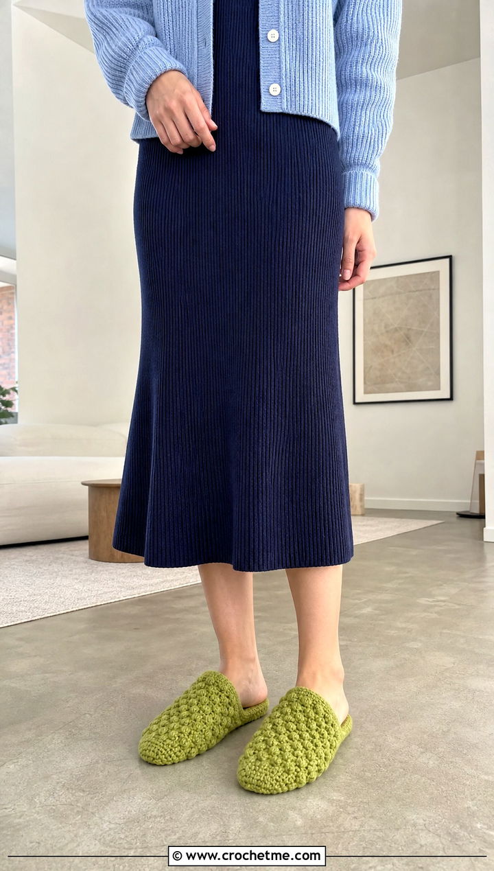 Textured Folded Crochet Slippers With Ribbed Midi Dress - 25 Folded Crochet Slippers outfit ideas