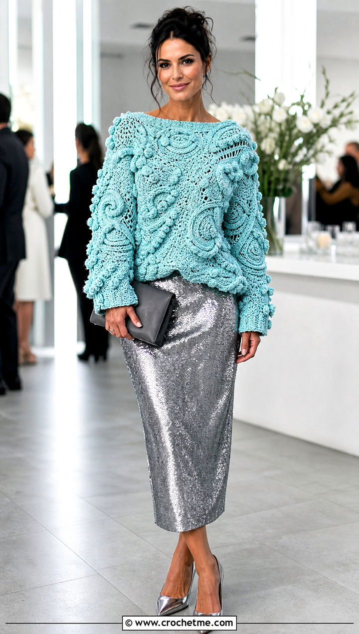 Textured Freeform Crochet Sweater With Sequin Midi Skirt - 30 freeform crochet sweater outfit ideas