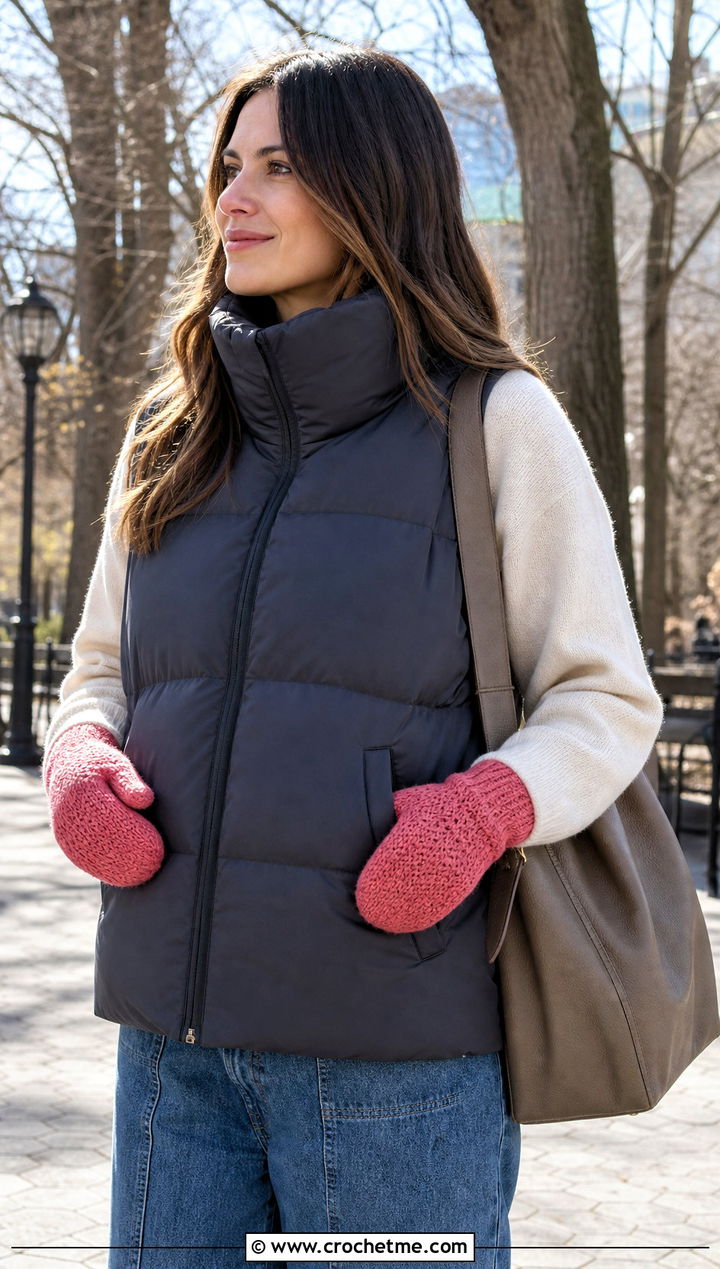 Textured Full Crochet Mittens With Vest and Barrel Jeans - 25 Simple Crochet Mittens outfit ideas