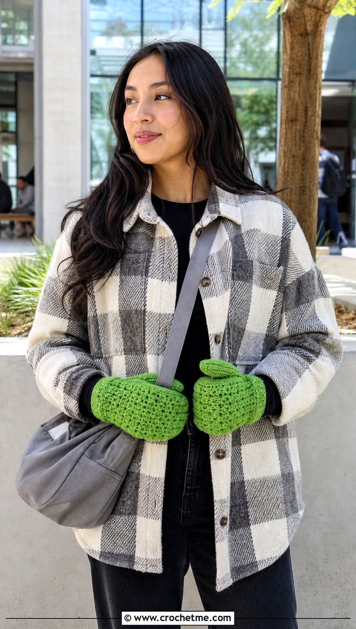 Textured Full Crocheted Mittens With Shacket - 30 Crocheted Mittens outfit ideas