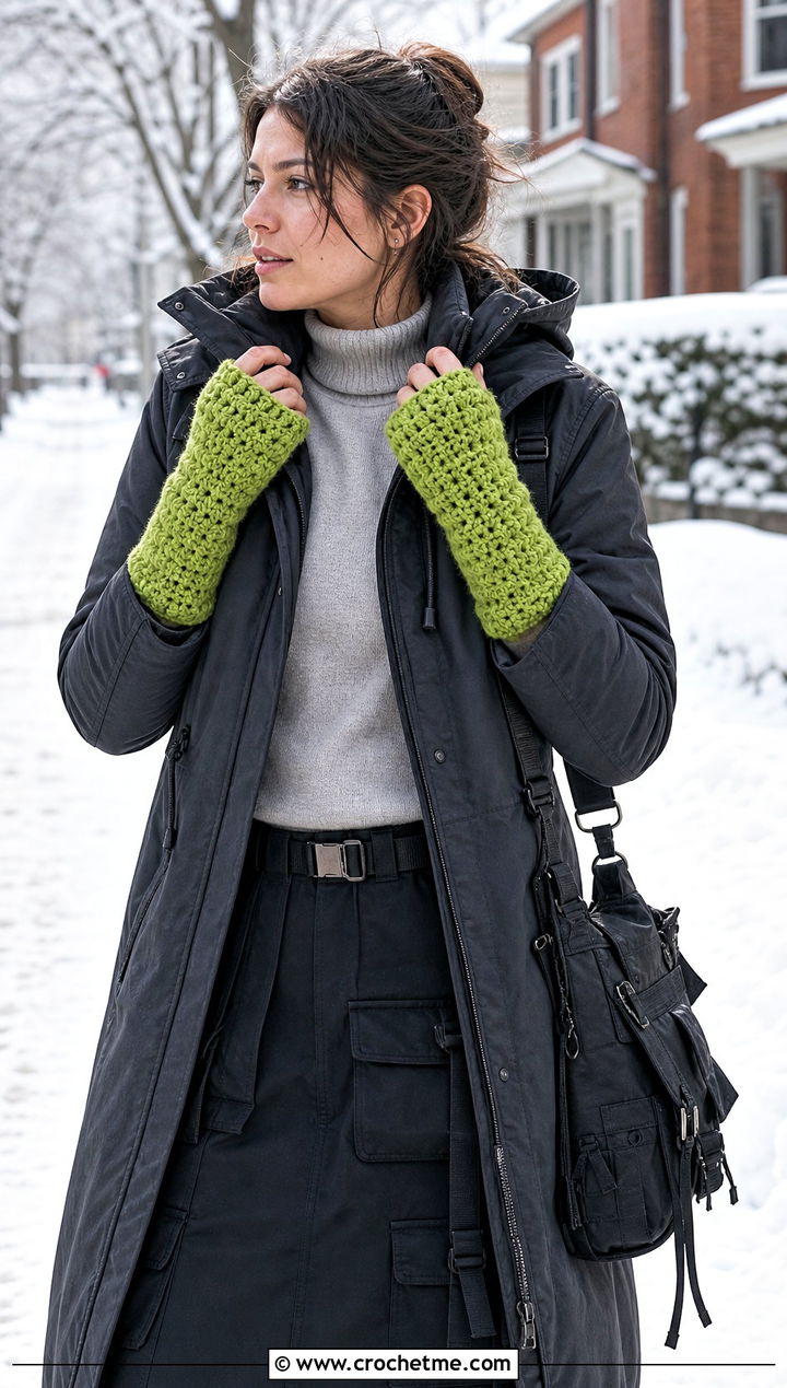 Textured Gauntlet Crochet Fingerless Gloves With Parka And Cargo Skirt - 25 Simple Crochet Fingerless Gloves outfit ideas