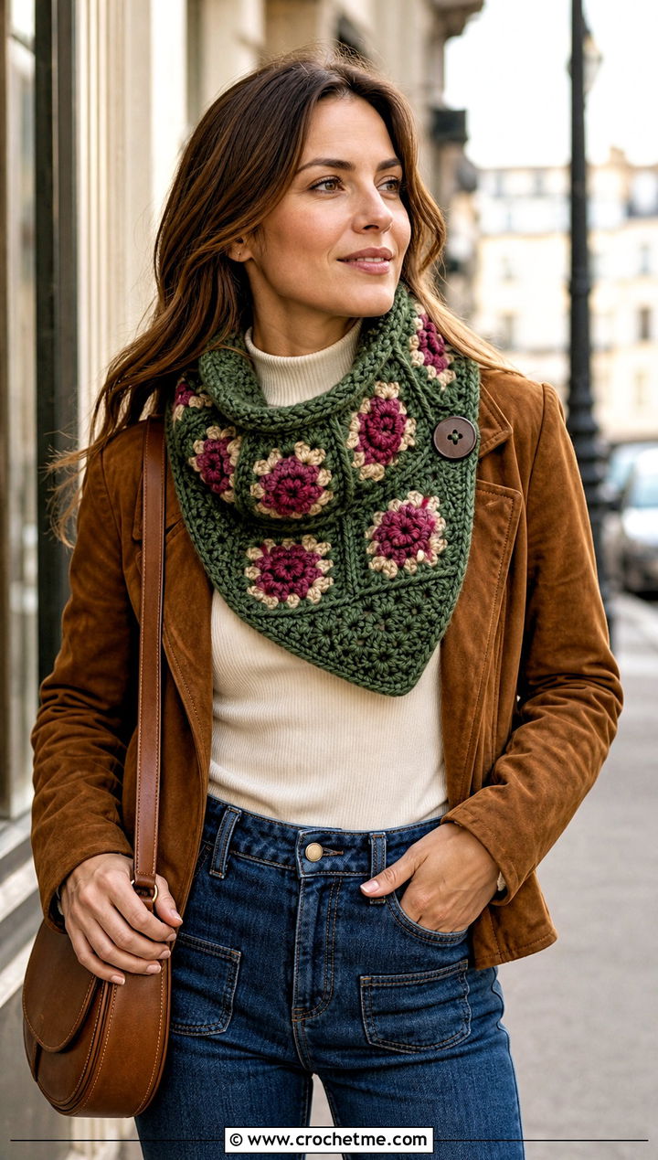 Textured Granny Square Button Cowl With Suede Jacket - 25 crochet button cowl outfit ideas