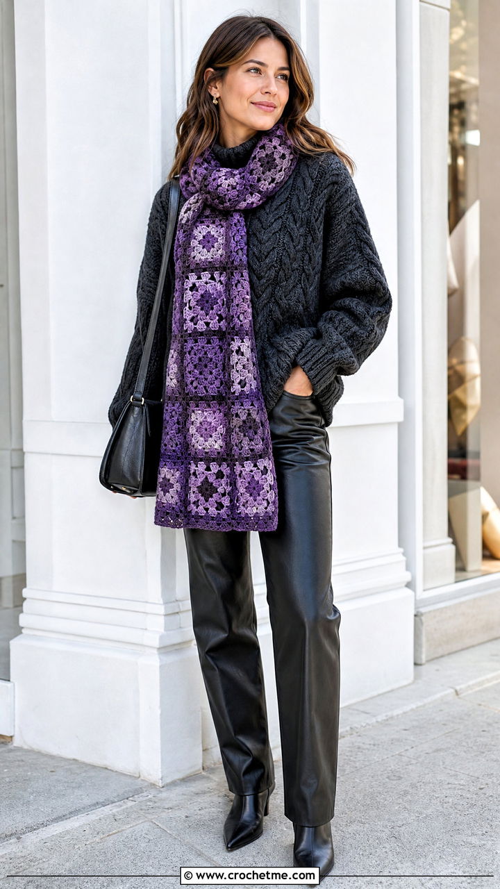 Textured Granny Square Scarf With Cable Sweater And Leather Pants - 35 granny square scarf outfit ideas