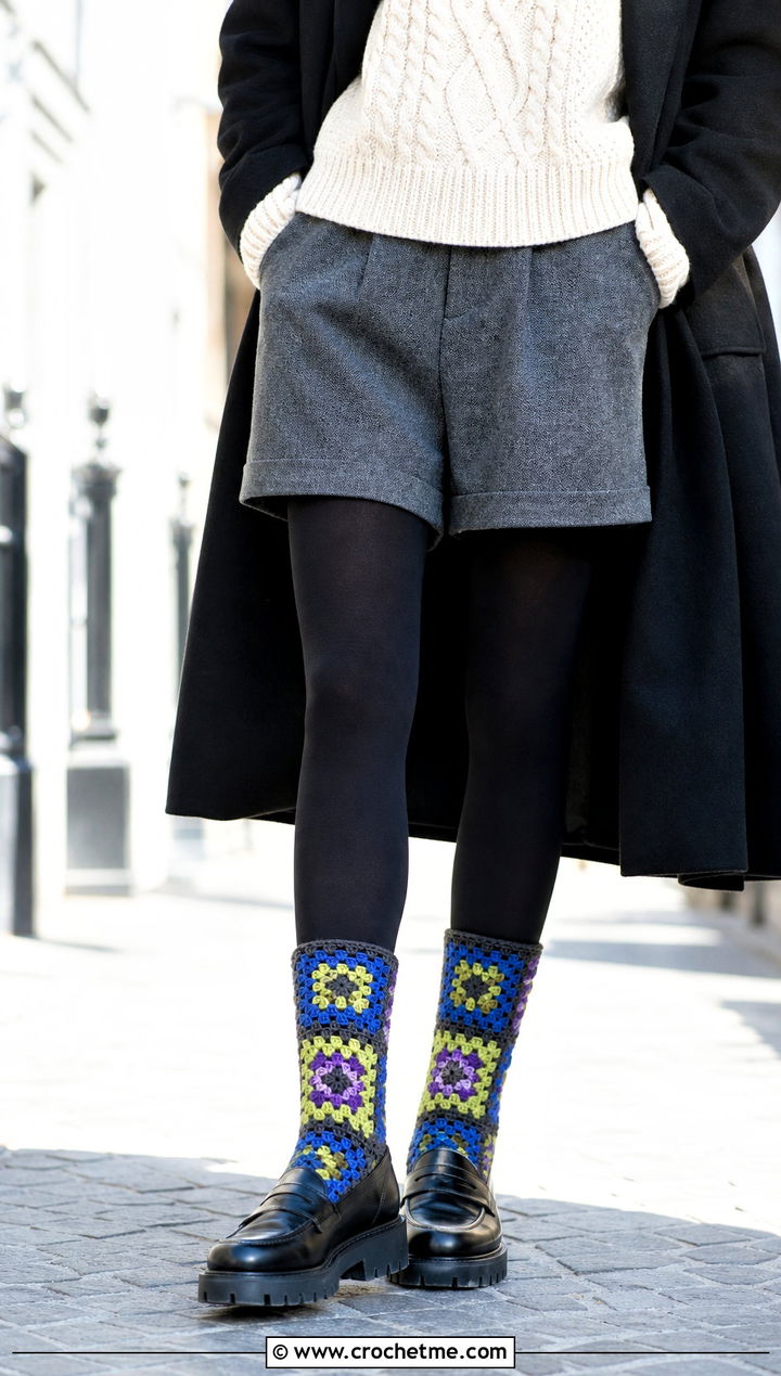 Textured Granny Square Socks With A Cable Sweater And Wool Shorts - 35 crochet granny square socks outfit ideas
