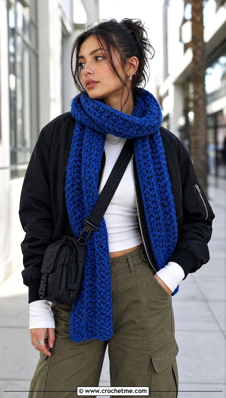 Textured HDC Crochet Scarf With Cargo Pants - 20 Hdc Crochet Scarf outfit ideas